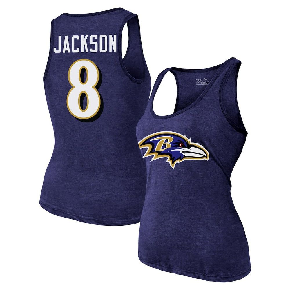 Lamar Jackson  Majestic Threads Women's Name & Number Tri-Blend Tank Top - Baltimore Ravens Tops