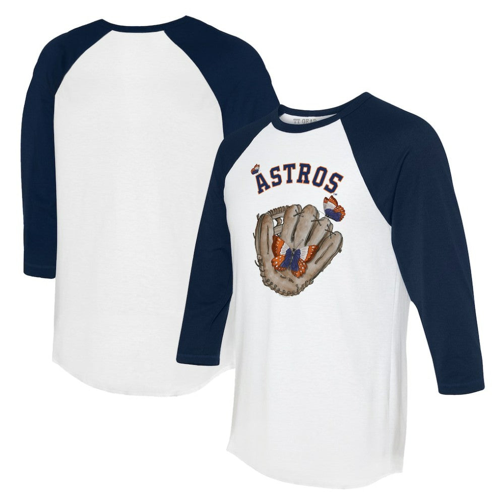 White/Navy Houston Astros Tiny Turnip Unisex Butterfly Glove 3/4-Sleeve Raglan T-Shirt