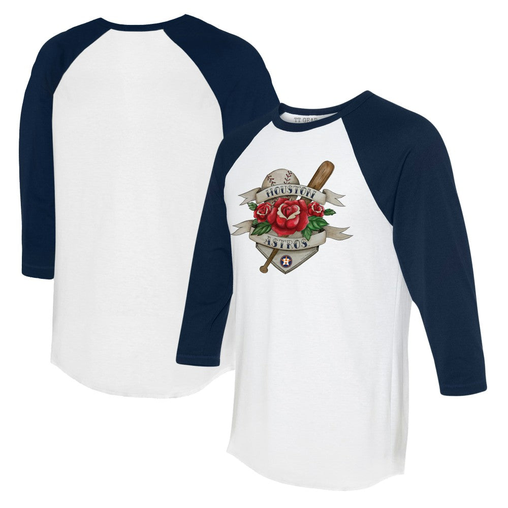White/Navy Houston Astros Tiny Turnip Unisex American Traditional Rose 3/4-Sleeve Raglan T-Shirt