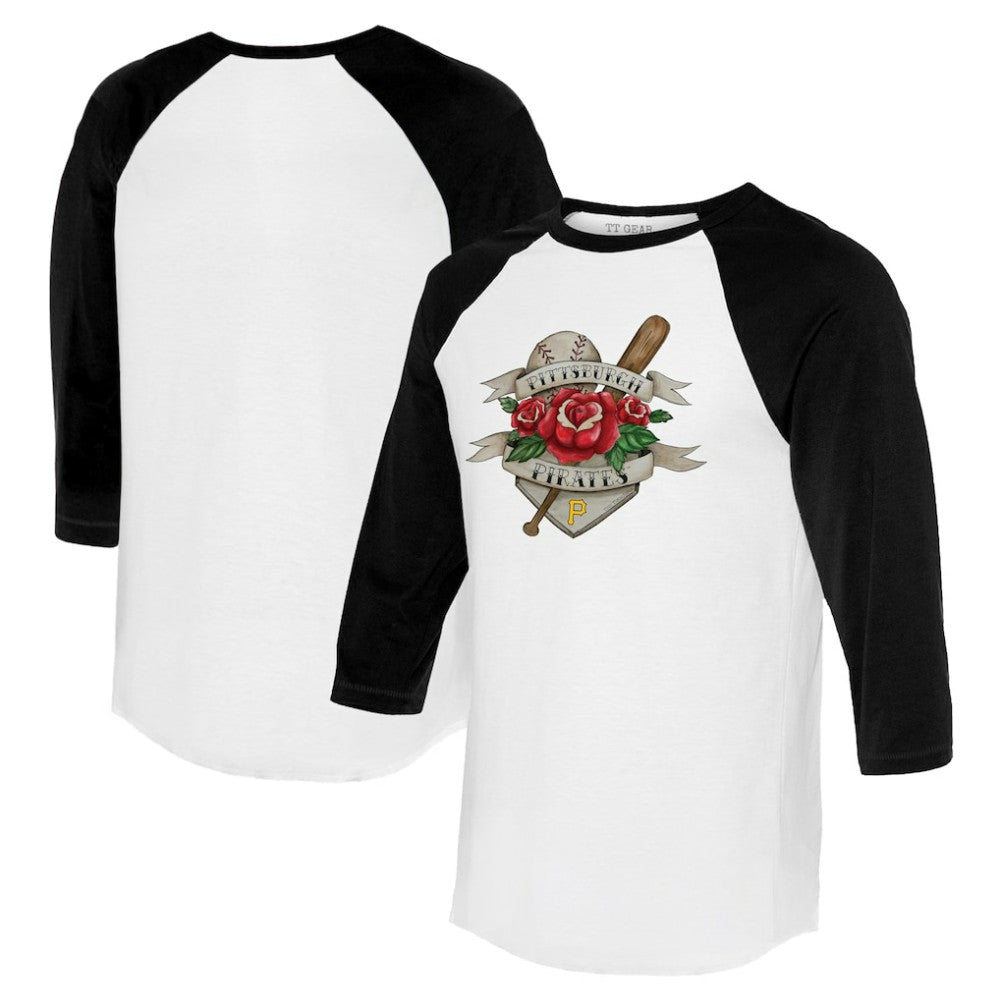 White/Black Pittsburgh Pirates Tiny Turnip Unisex American Traditional Rose 3/4-Sleeve Raglan T-Shirt