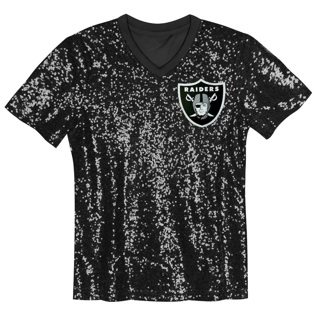 Girls Youth Wordmark Sequin V-Neck Top - Las Vegas Raiders Tops