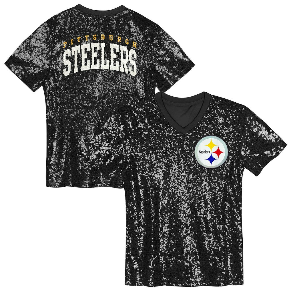 Girls Youth Wordmark Sequin V-Neck Top - Pittsburgh Steelers Tops