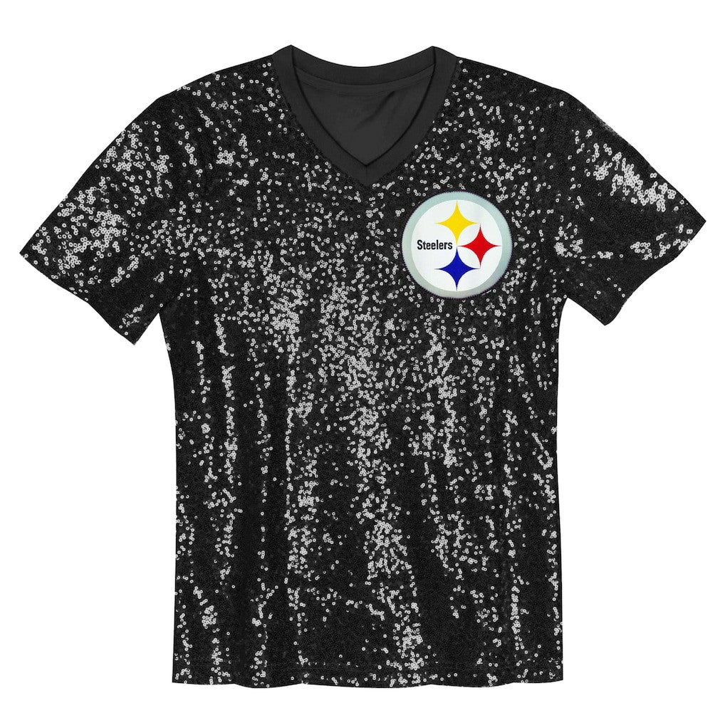 Girls Youth Wordmark Sequin V-Neck Top - Pittsburgh Steelers Tops