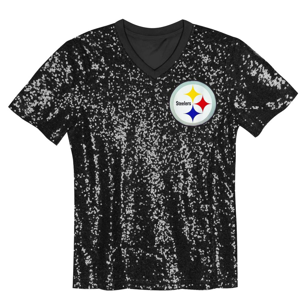 Girls Youth Wordmark Sequin V-Neck Top - Pittsburgh Steelers Tops