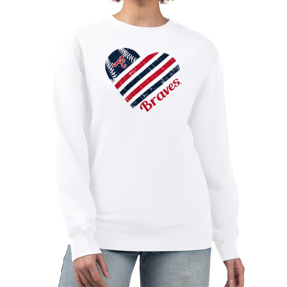 White Atlanta Braves G-III 4Her by Carl Banks Women's Heart Logo Fleece Pullover Sweatshirt
