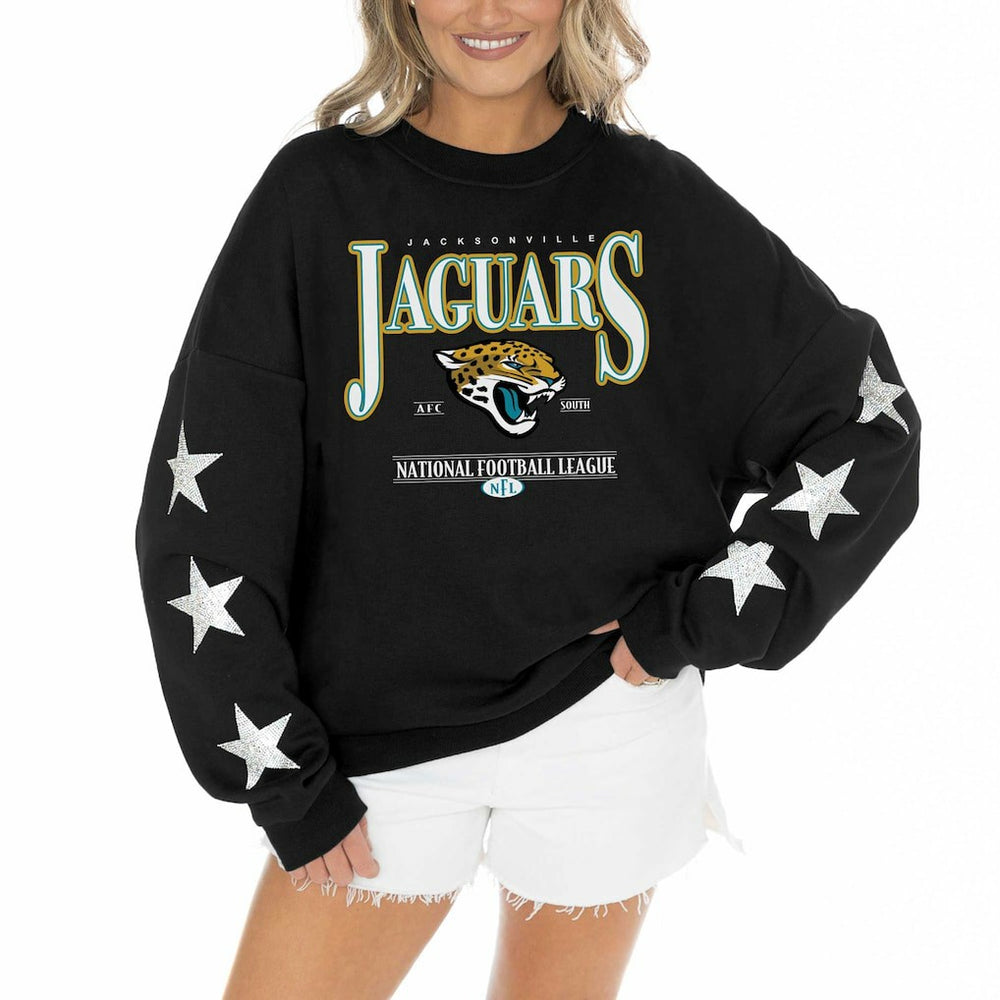 Gameday Couture Women's Rhinestone Star Sleeve Settle the Score Oversized Pullover Sweatshirt - Jacksonville Jaguars Pullover