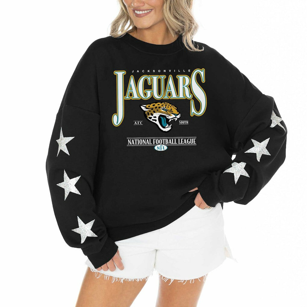 Gameday Couture Women's Rhinestone Star Sleeve Settle the Score Oversized Pullover Sweatshirt - Jacksonville Jaguars Pullover