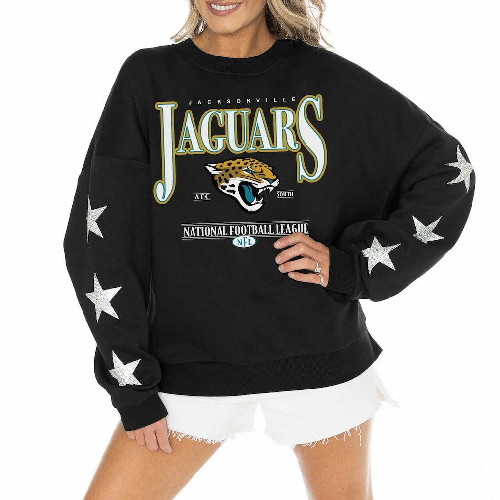 Gameday Couture Women's Rhinestone Star Sleeve Settle the Score Oversized Pullover Sweatshirt - Jacksonville Jaguars Pullover