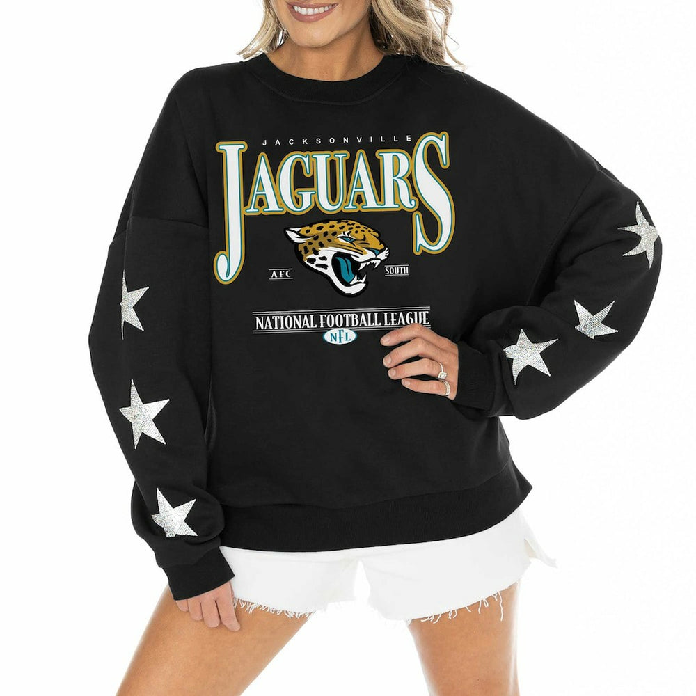 Gameday Couture Women's Rhinestone Star Sleeve Settle the Score Oversized Pullover Sweatshirt - Jacksonville Jaguars Pullover