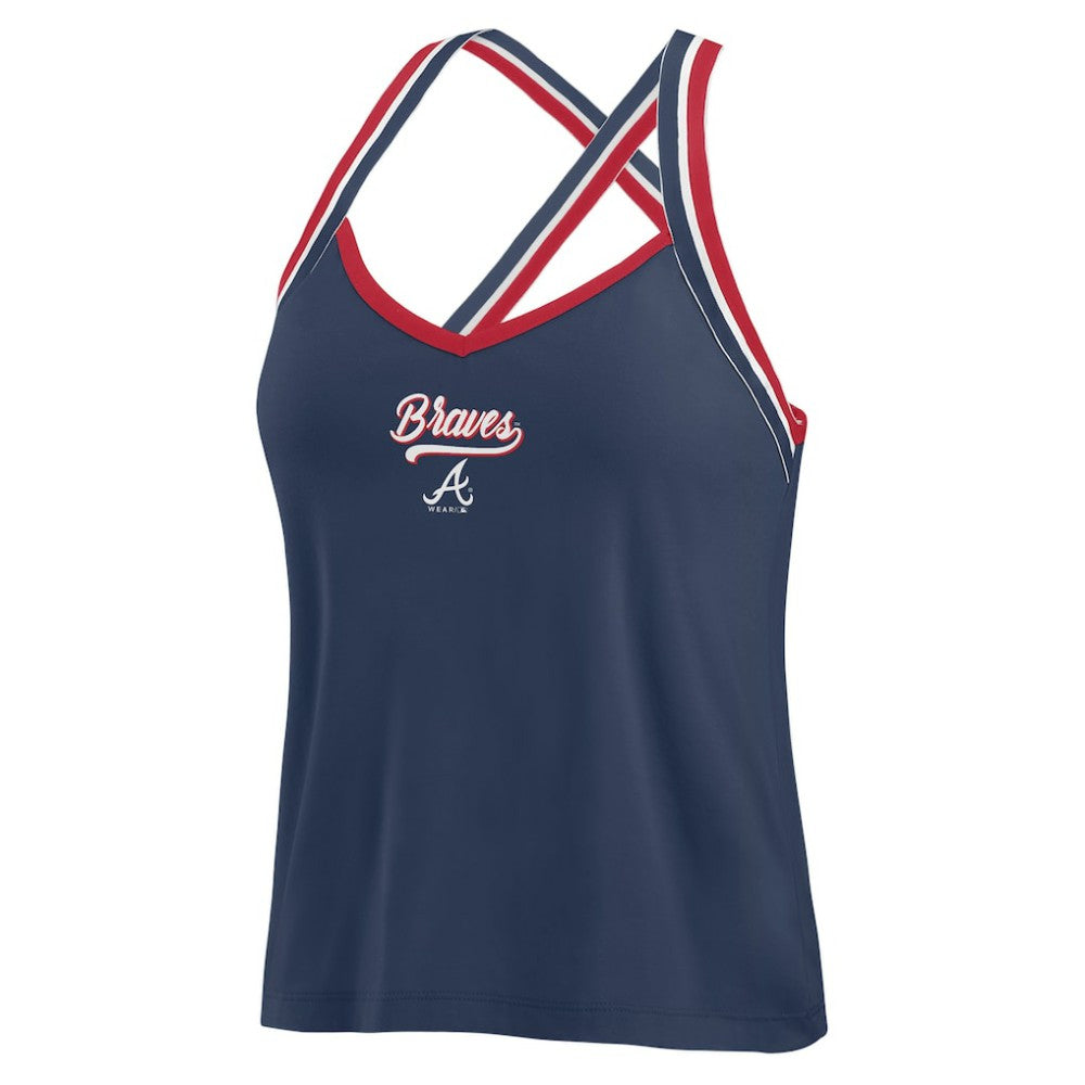 Navy Atlanta Braves WEAR by Erin Andrews Women's Cross Strap Tank Top