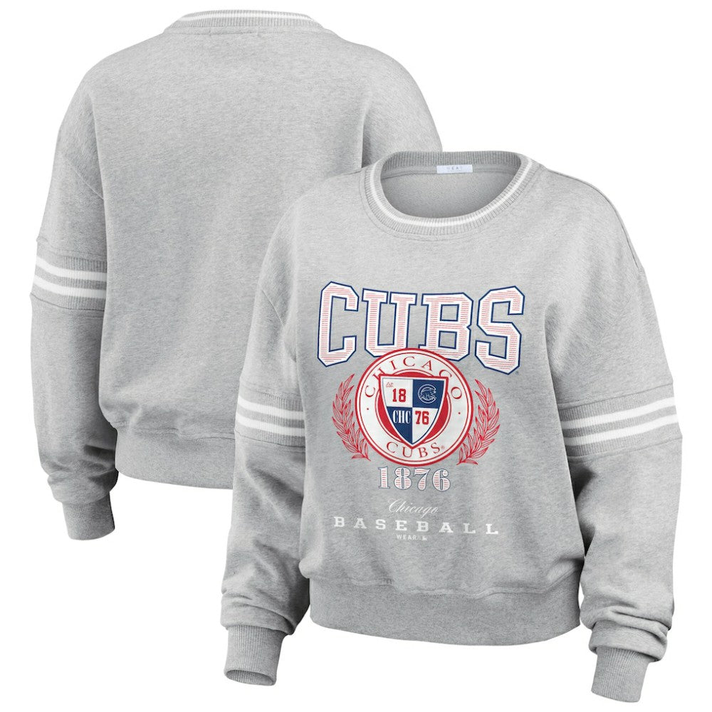 Heather Gray Chicago Cubs WEAR by Erin Andrews Women's Domestic Crest Pullover Sweatshirt