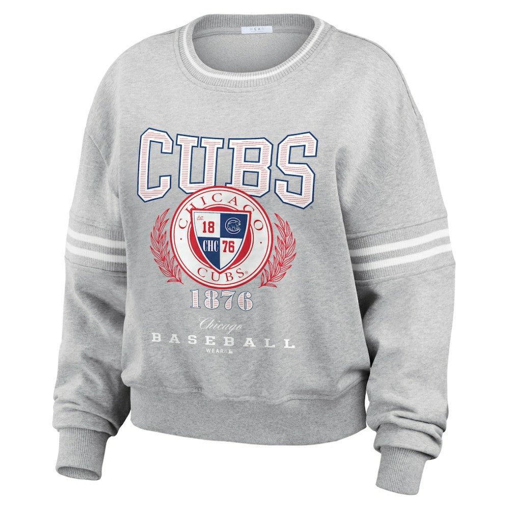 Heather Gray Chicago Cubs WEAR by Erin Andrews Women's Domestic Crest Pullover Sweatshirt