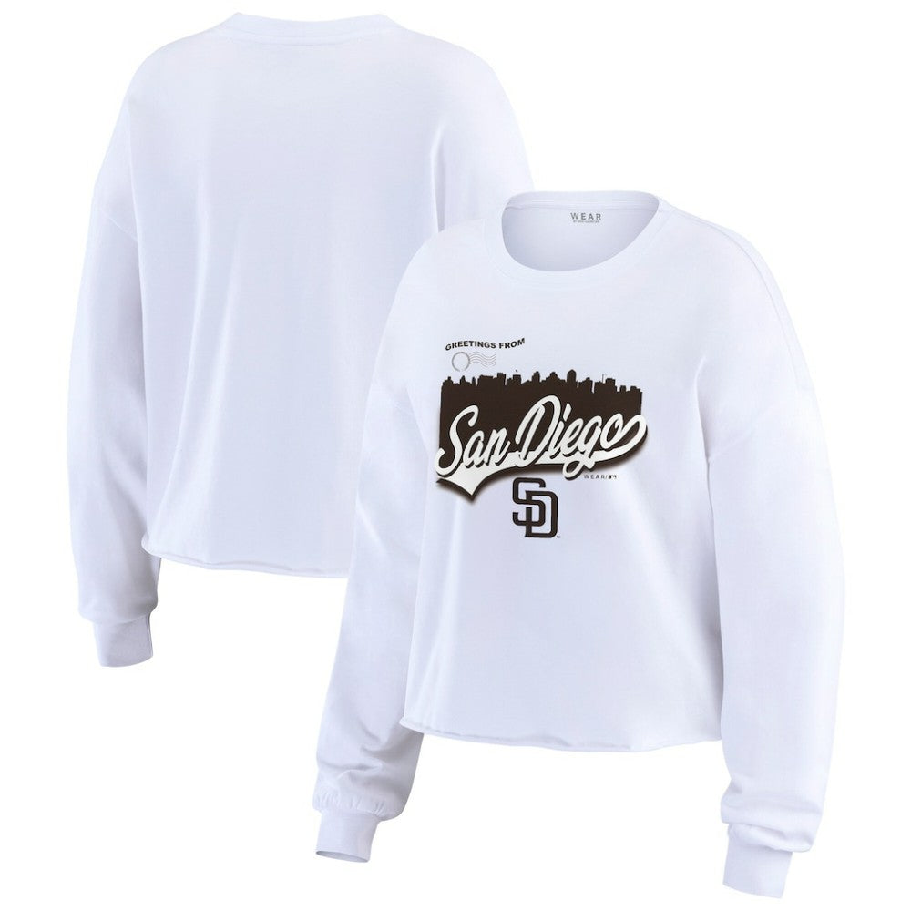White San Diego Padres WEAR by Erin Andrews Women's Domestic Postcard Long Sleeve T-Shirt