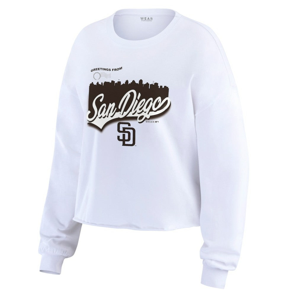 White San Diego Padres WEAR by Erin Andrews Women's Domestic Postcard Long Sleeve T-Shirt