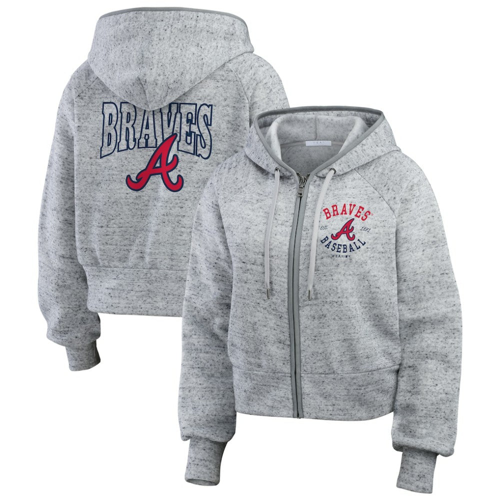 Heather Gray Atlanta Braves WEAR by Erin Andrews Women's Speckled Fleece Cropped Full-Zip Hoodie