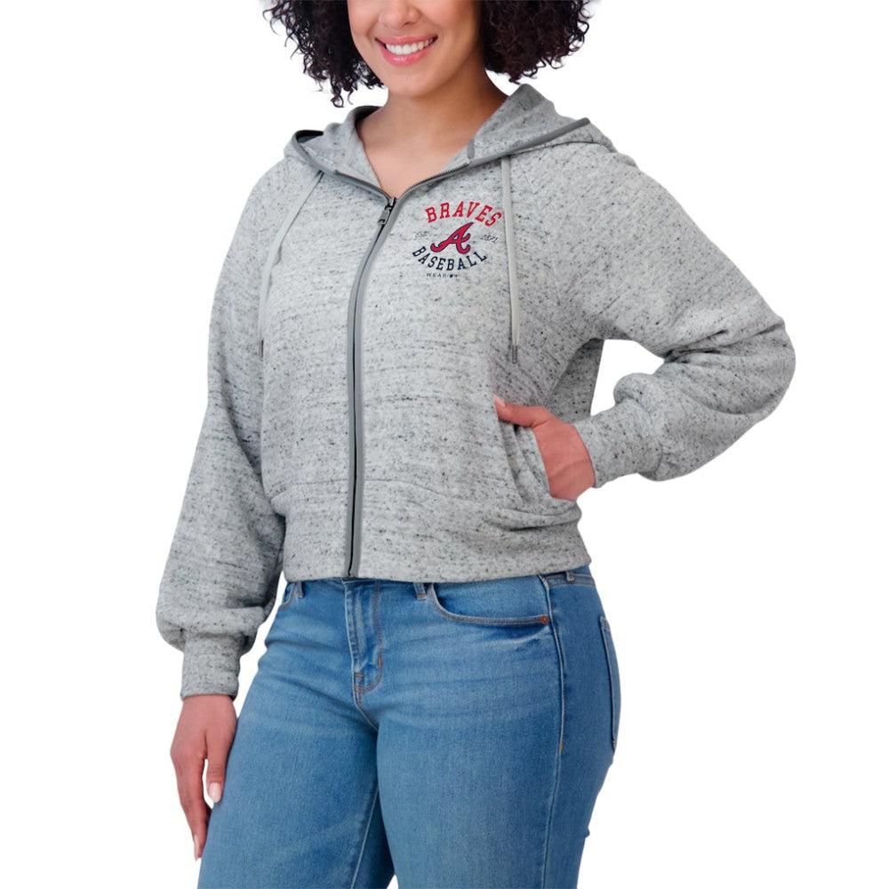 Heather Gray Atlanta Braves WEAR by Erin Andrews Women's Speckled Fleece Cropped Full-Zip Hoodie