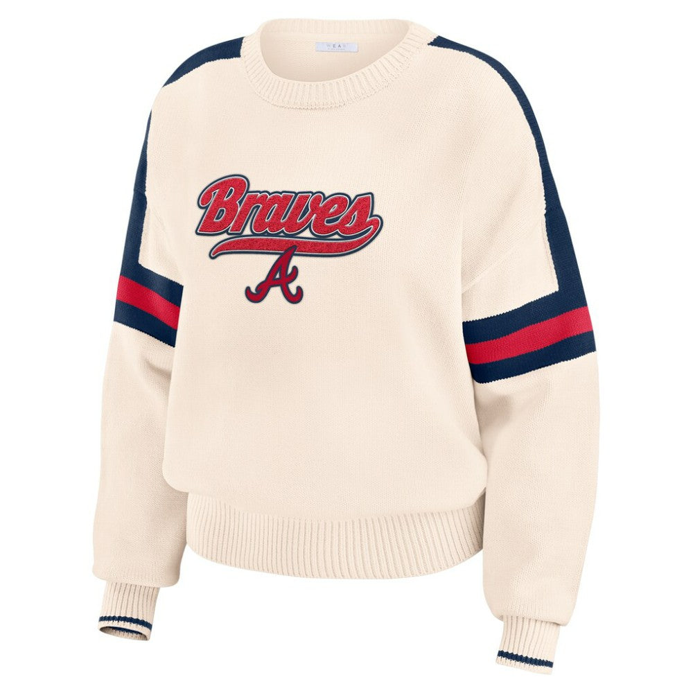 Cream Atlanta Braves WEAR by Erin Andrews Women's Stripe Pullover Sweater