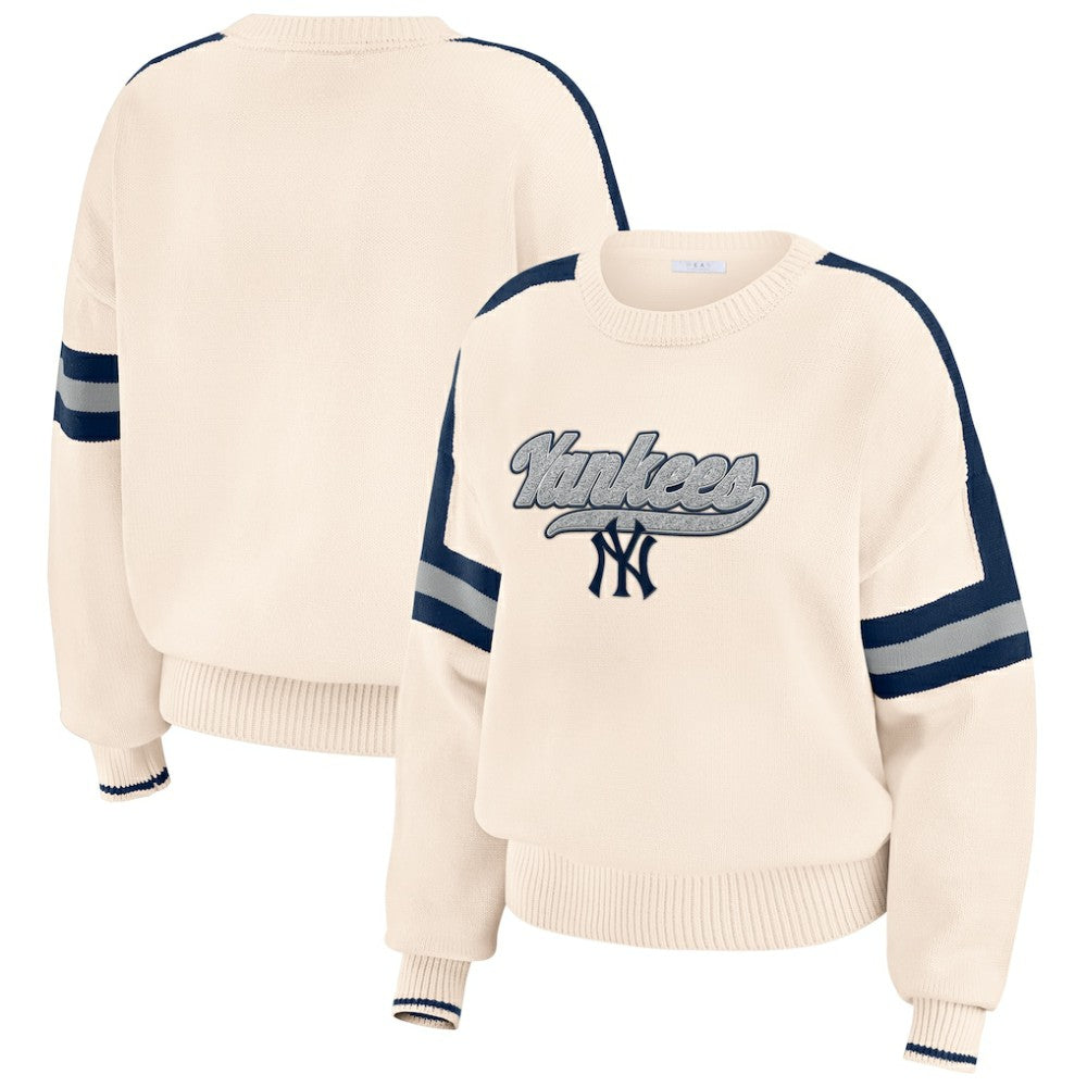 Cream New York Yankees WEAR by Erin Andrews Women's Stripe Pullover Sweater