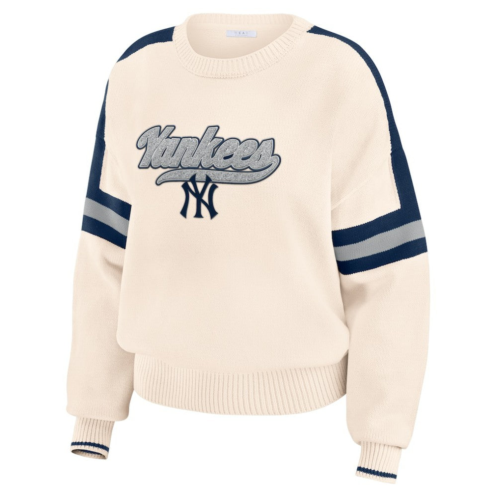 Cream New York Yankees WEAR by Erin Andrews Women's Stripe Pullover Sweater