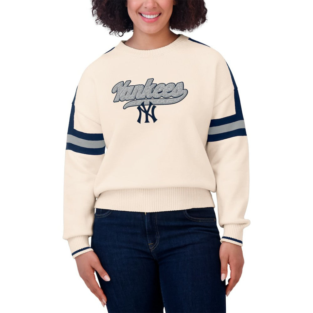 Cream New York Yankees WEAR by Erin Andrews Women's Stripe Pullover Sweater