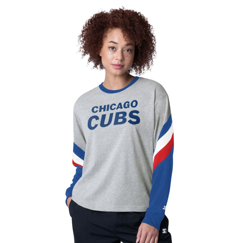 Heather Gray Chicago Cubs Starter Women's Triple A Fashion Color Block Long Sleeve Top