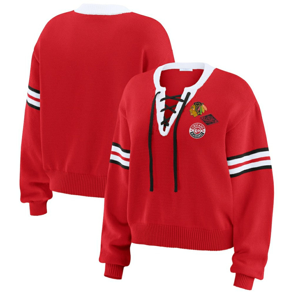 NHL Chicago Blackhawks WEAR by Erin Andrews Women's Cropped Lace-Up Sweater