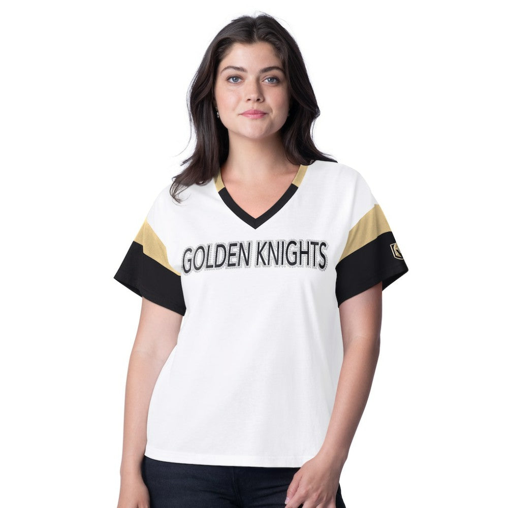 NHL Vegas Golden Knights G-III 4Her by Carl Banks Women's Rink Oversized Rhinestone V-Neck T-Shirt