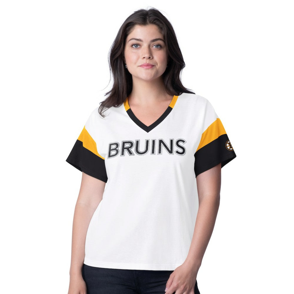NHL Boston Bruins G-III 4Her by Carl Banks Women's Rink Oversized Rhinestone V-Neck T-Shirt