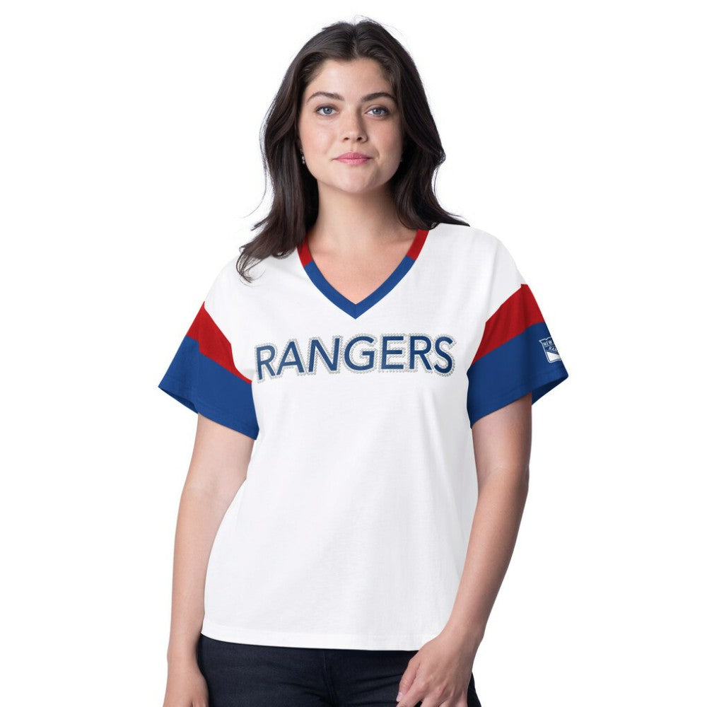 NHL New York Rangers G-III 4Her by Carl Banks Women's Rink Oversized Rhinestone V-Neck T-Shirt