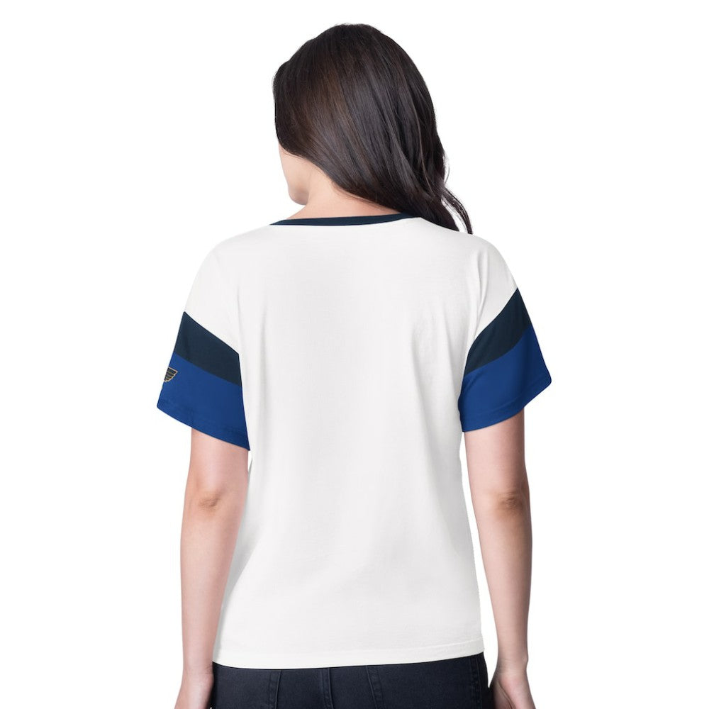 NHL St. Louis Blues G-III 4Her by Carl Banks Women's Rink Oversized Rhinestone V-Neck T-Shirt