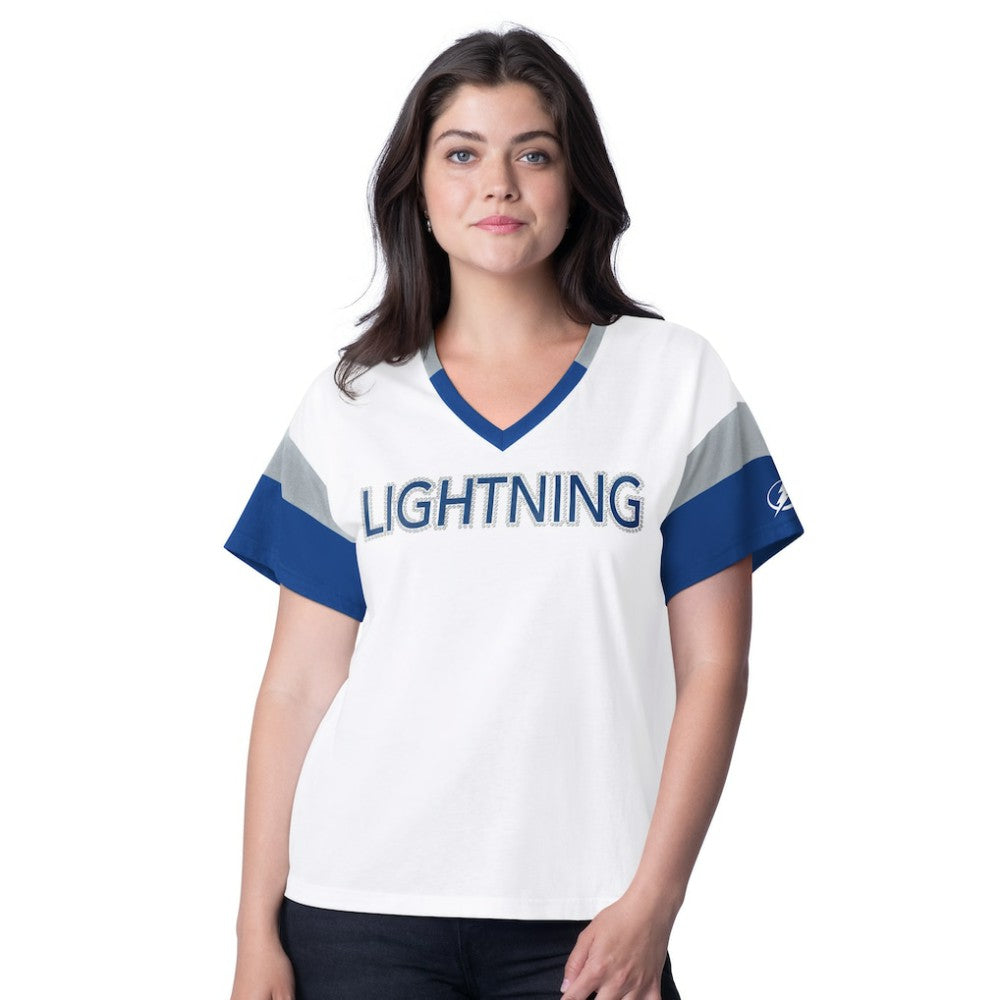 NHL Tampa Bay Lightning G-III 4Her by Carl Banks Women's Rink Oversized Rhinestone V-Neck T-Shirt
