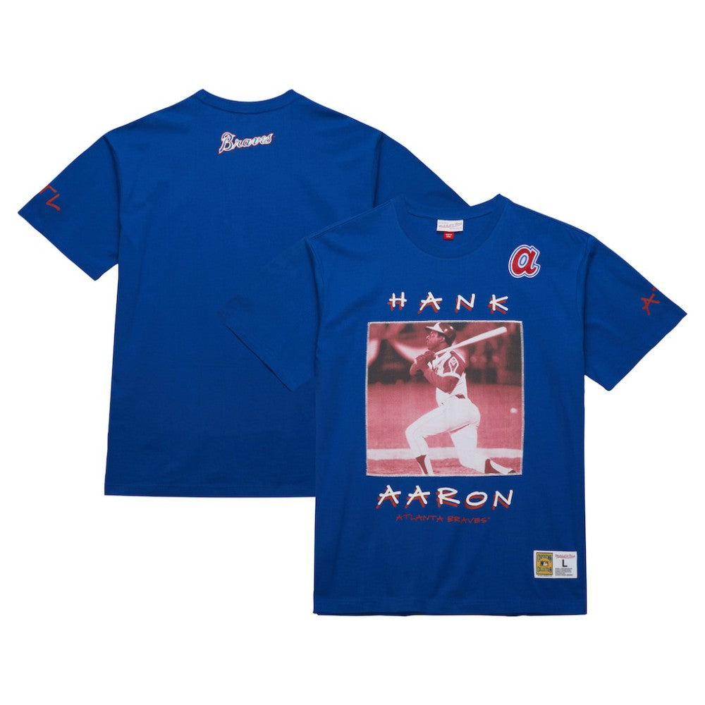 Royal Hank Aaron Atlanta Braves Mitchell & Ness Cooperstown Collection Heavyweight Premium Player Vintage Logo T-Shirt