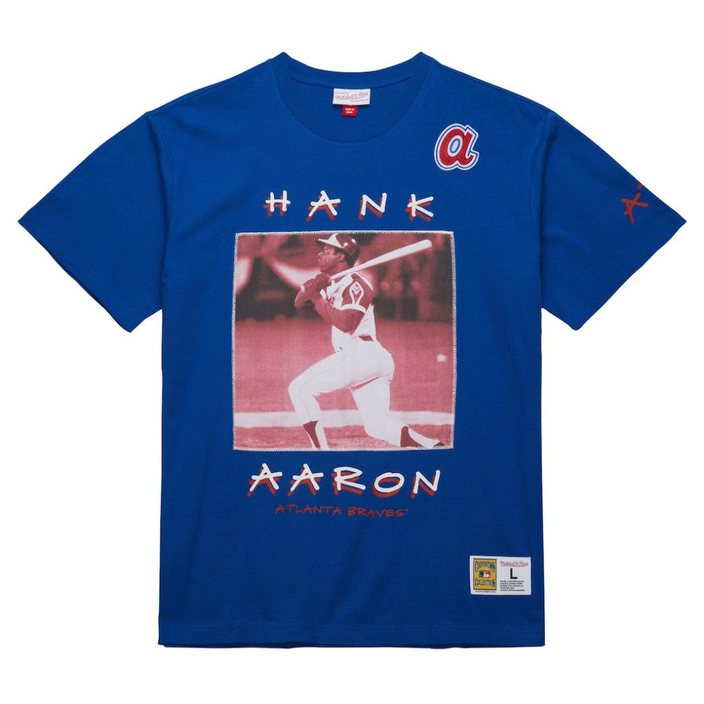 Royal Hank Aaron Atlanta Braves Mitchell & Ness Cooperstown Collection Heavyweight Premium Player Vintage Logo T-Shirt