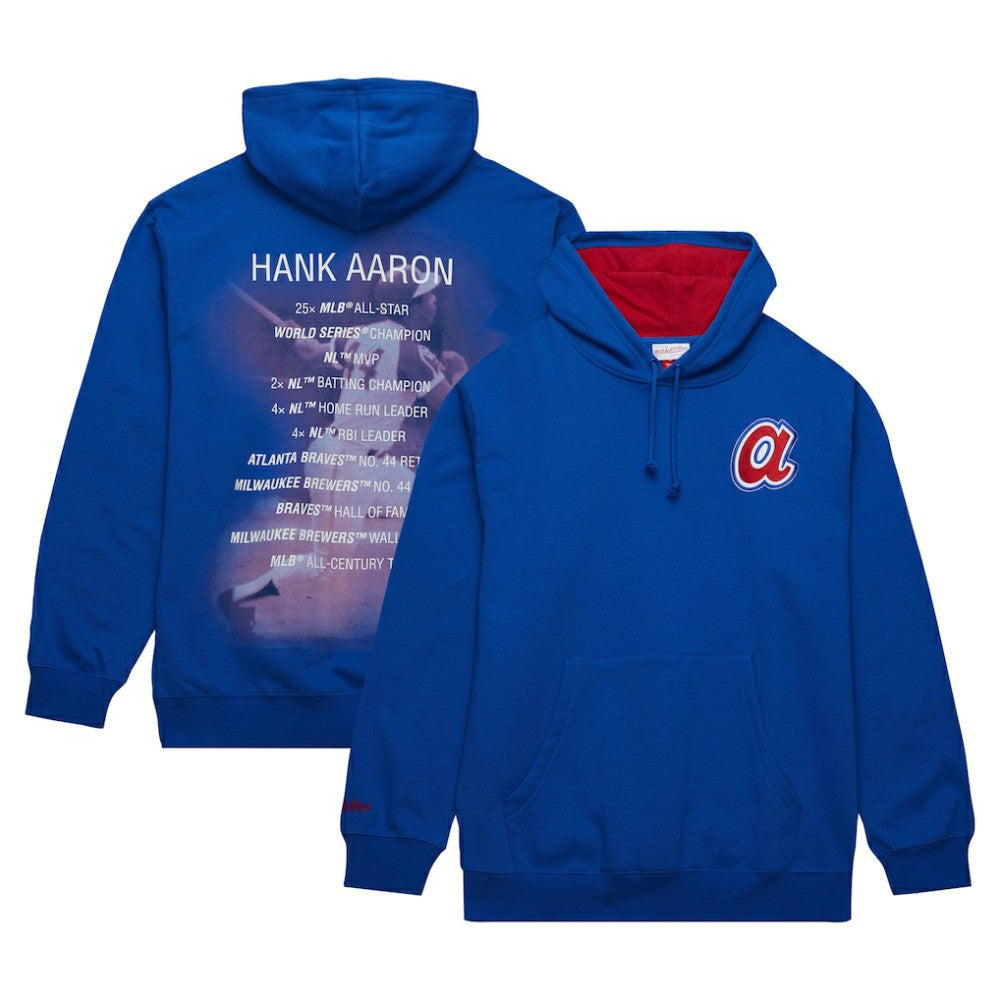 Royal Hank Aaron Atlanta Braves Mitchell & Ness Vintage Logo Name & Number Pullover Hoodie