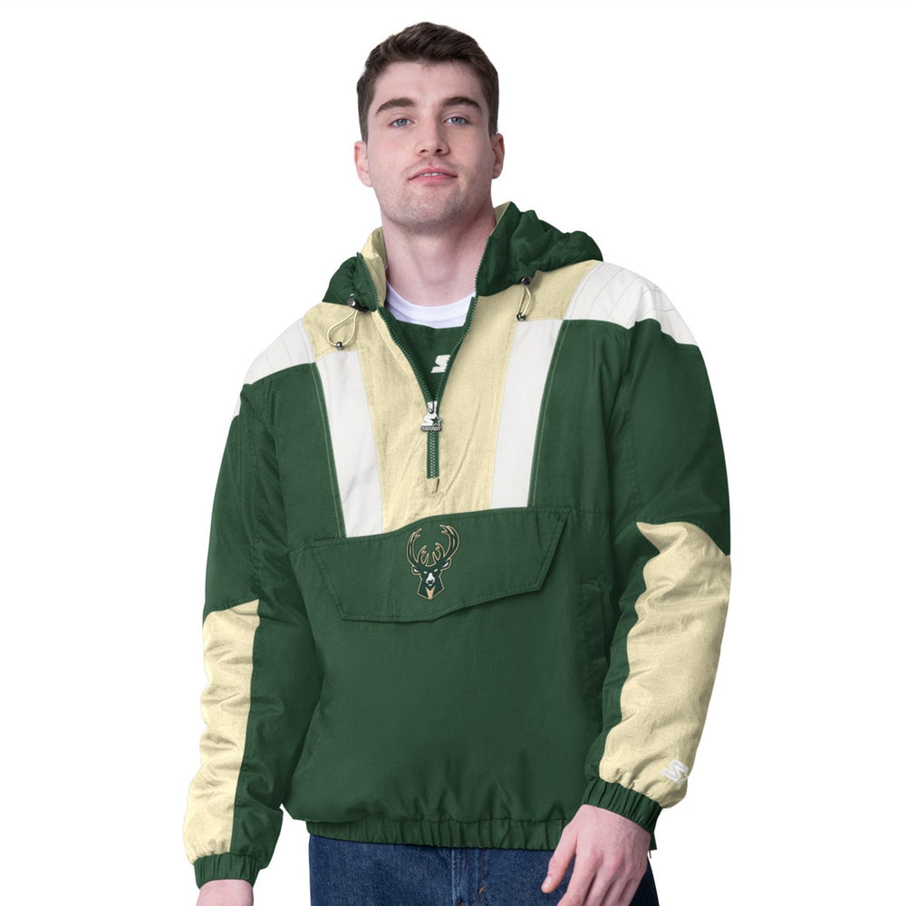 Milwaukee Bucks Starter Charger Half-Zip Pullover Jacket- Hunter Green/Cream outlet