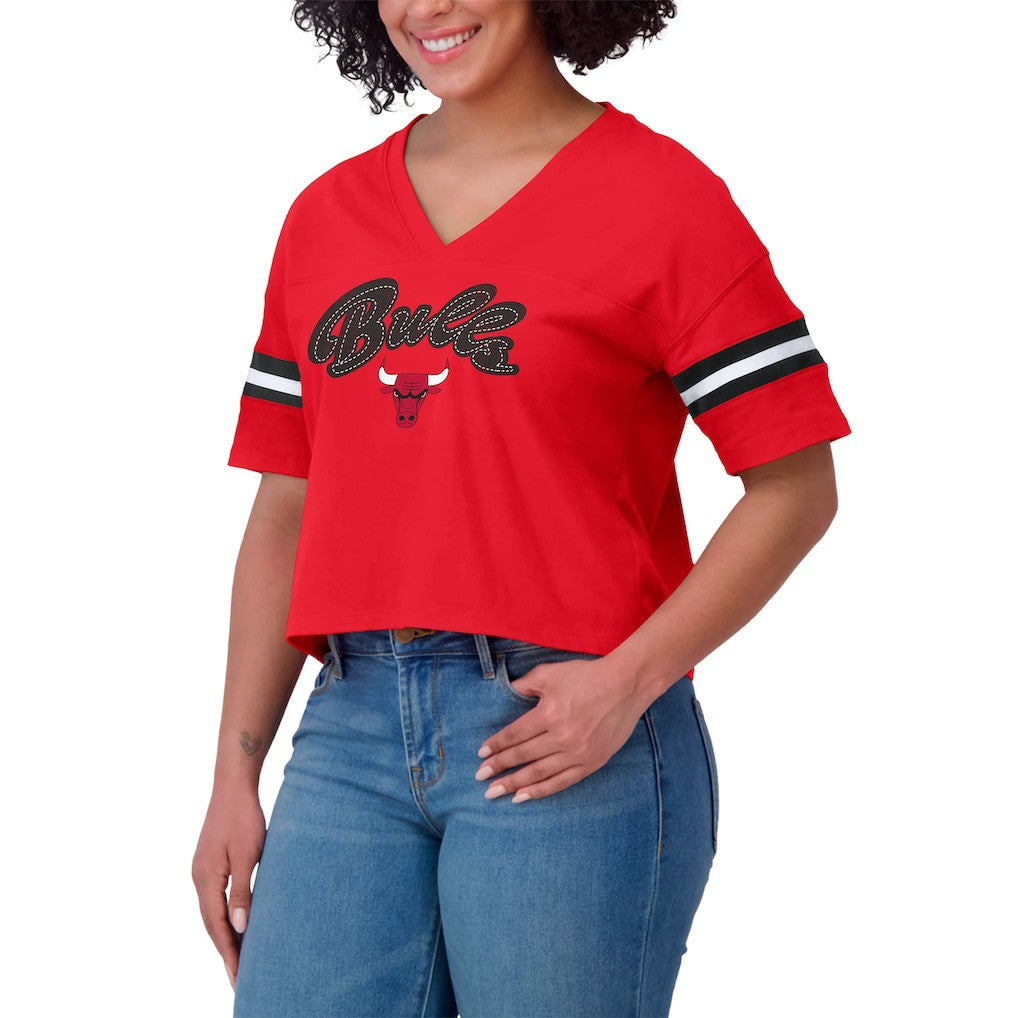 Chicago Bulls WEAR by Erin Andrews Women's Color Block Boxy V-Neck T-Shirt sale