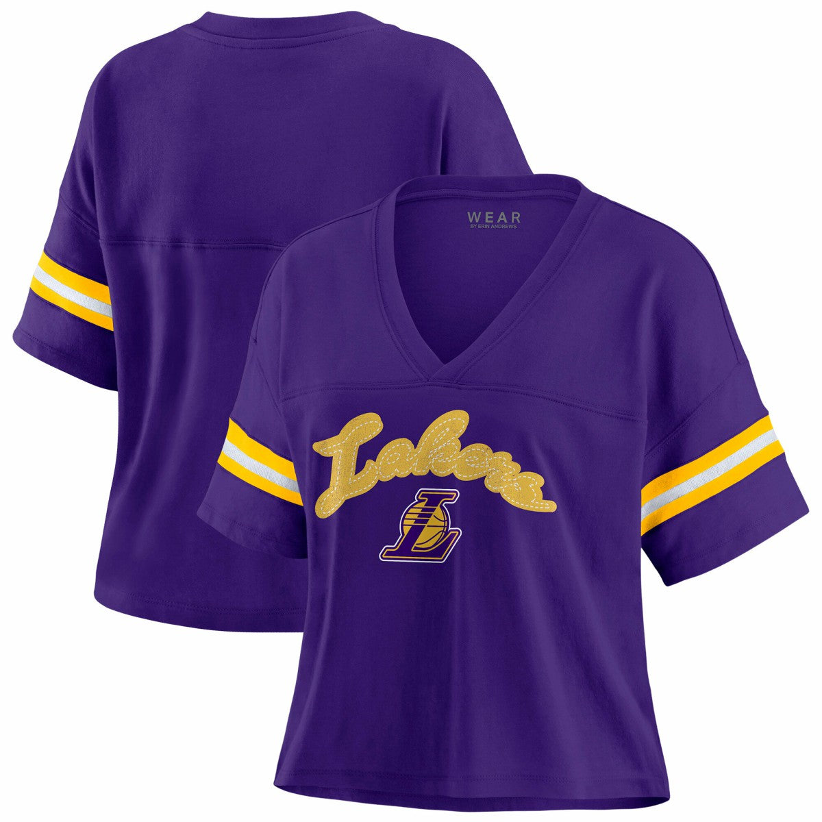 Los Angeles Lakers WEAR by Erin Andrews Women's Plus Size Color Block Boxy V-Neck T-Shirt
