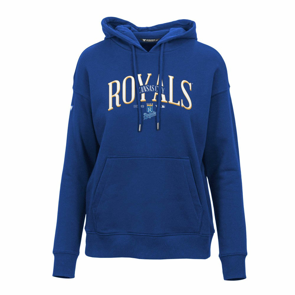 Royal Kansas City Royals Levelwear Women's Adorn Cooperstown Collection Retro Spellout Pullover Hoodie