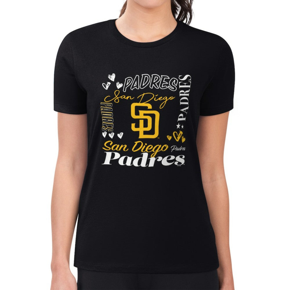 Black San Diego Padres G-III 4Her by Carl Banks Women's Super-Slim Fit Lightweight Collage Team Graphic Crew Neck T-Shirt