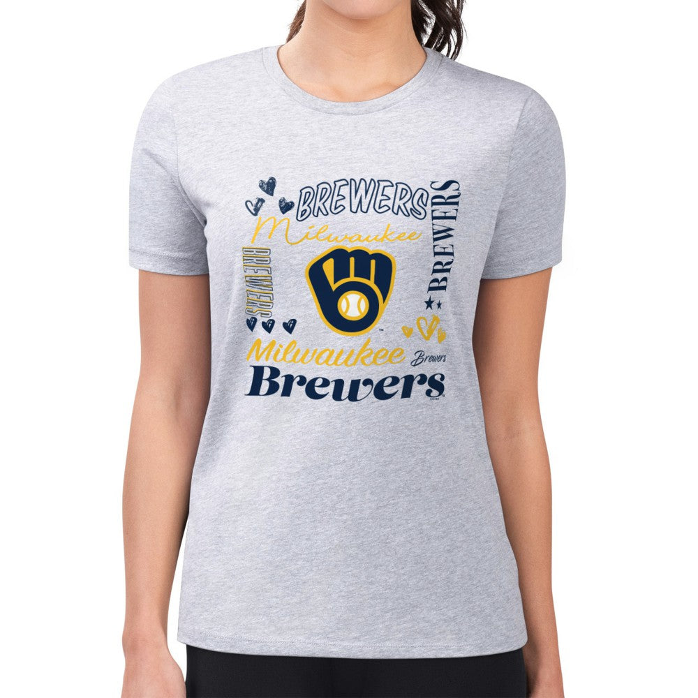 Heather Gray Milwaukee Brewers G-III 4Her by Carl Banks Women's Super-Slim Fit Lightweight Collage Team Graphic Crew Neck T-Shirt