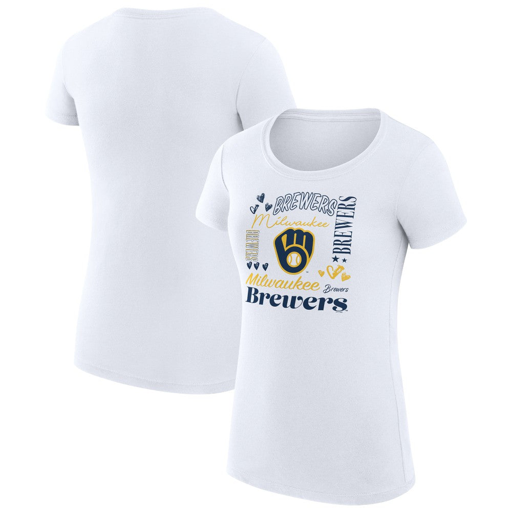 White Milwaukee Brewers G-III 4Her by Carl Banks Women's Super-Slim Fit Lightweight Collage Team Graphic Crew Neck T-Shirt