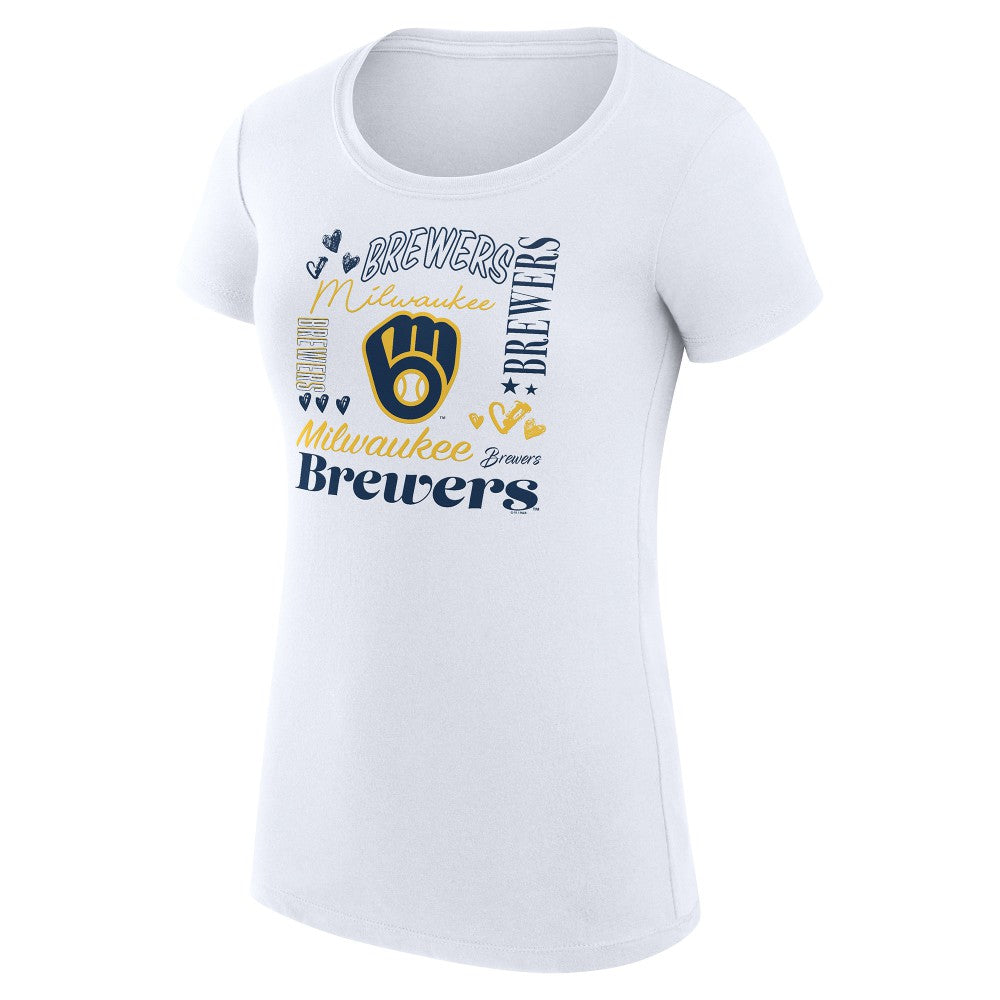 White Milwaukee Brewers G-III 4Her by Carl Banks Women's Super-Slim Fit Lightweight Collage Team Graphic Crew Neck T-Shirt