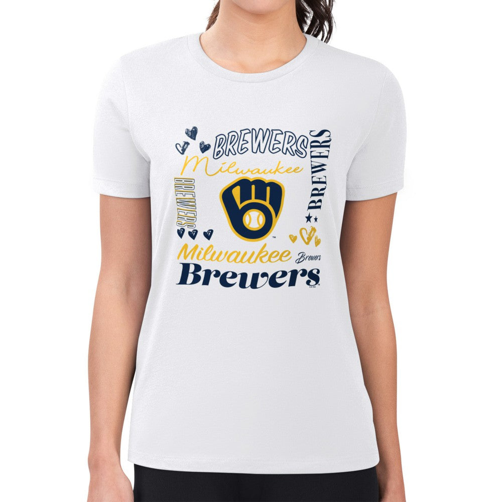 White Milwaukee Brewers G-III 4Her by Carl Banks Women's Super-Slim Fit Lightweight Collage Team Graphic Crew Neck T-Shirt