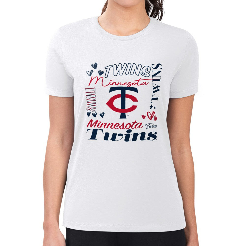 White Minnesota Twins G-III 4Her by Carl Banks Women's Super-Slim Fit Lightweight Collage Team Graphic Crew Neck T-Shirt