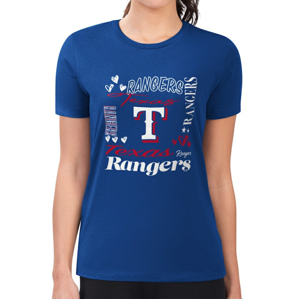 Royal Texas Rangers G-III 4Her by Carl Banks Women's Super-Slim Fit Lightweight Collage Team Graphic Crew Neck T-Shirt