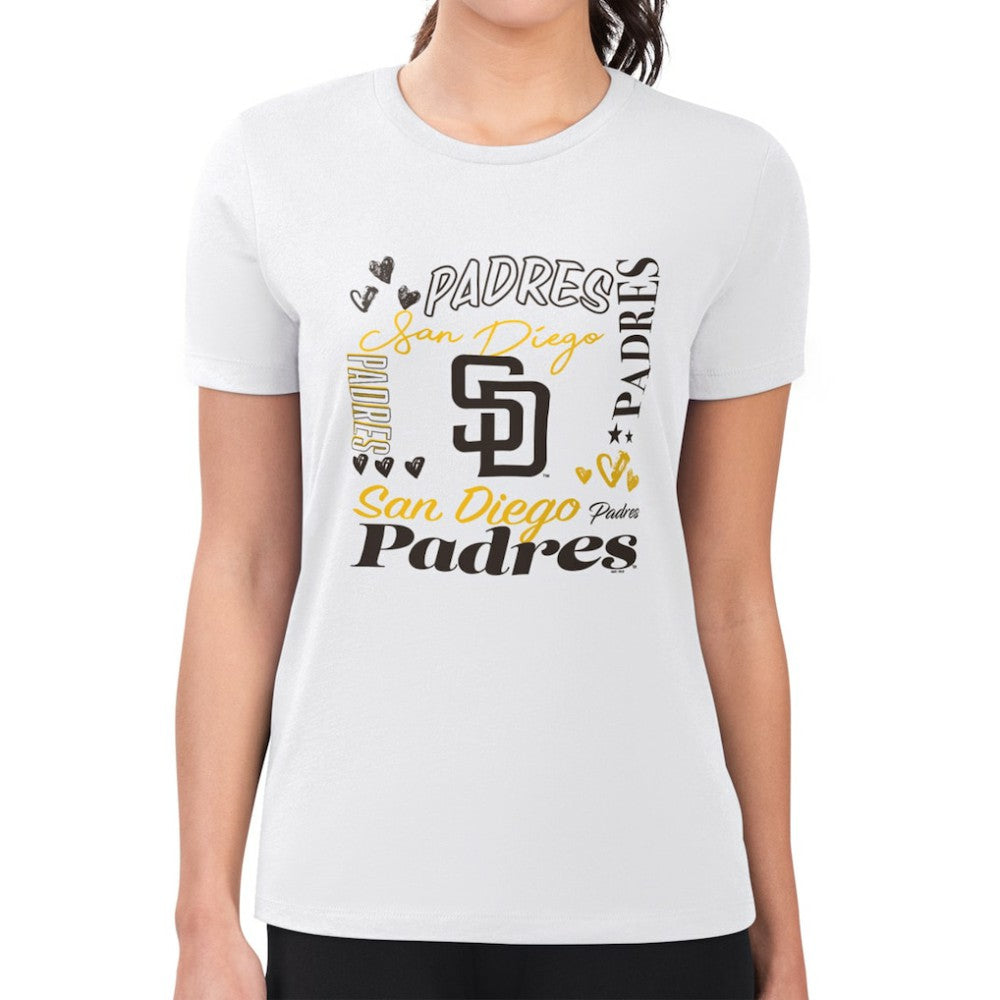White San Diego Padres G-III 4Her by Carl Banks Women's Super-Slim Fit Lightweight Collage Team Graphic Crew Neck T-Shirt