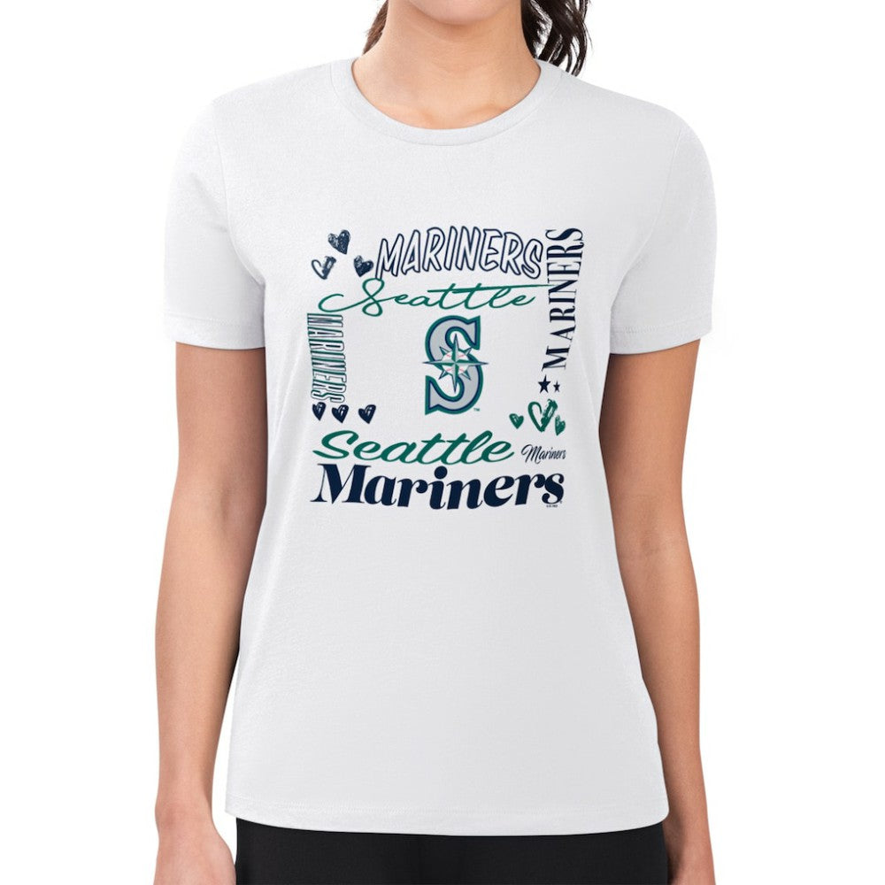 White Seattle Mariners G-III 4Her by Carl Banks Women's Super-Slim Fit Lightweight Collage Team Graphic Crew Neck T-Shirt
