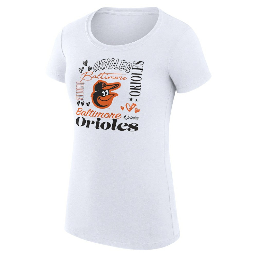White Baltimore Orioles G-III 4Her by Carl Banks Women's Super-Slim Fit Lightweight Collage Team Graphic Crew Neck T-Shirt