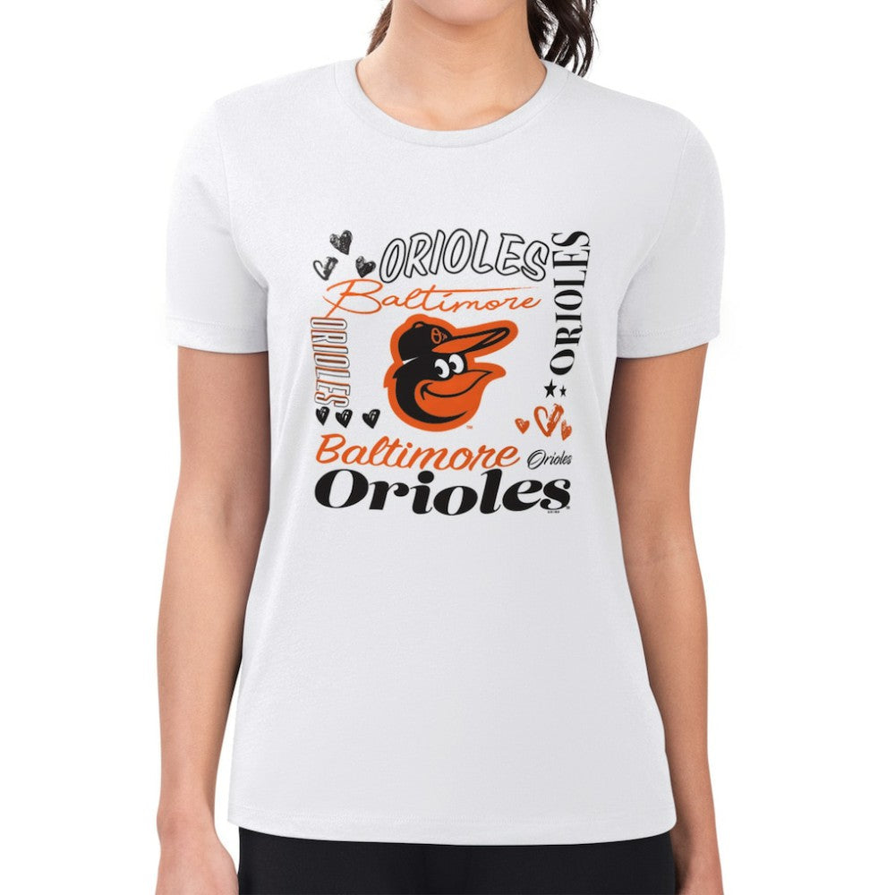 White Baltimore Orioles G-III 4Her by Carl Banks Women's Super-Slim Fit Lightweight Collage Team Graphic Crew Neck T-Shirt