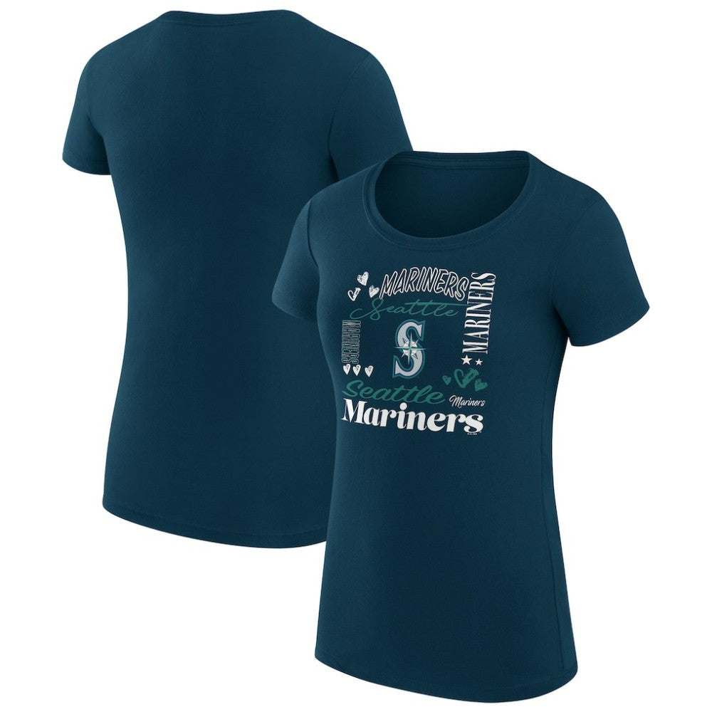 Navy Seattle Mariners G-III 4Her by Carl Banks Women's Super-Slim Fit Lightweight Collage Team Graphic Crew Neck T-Shirt